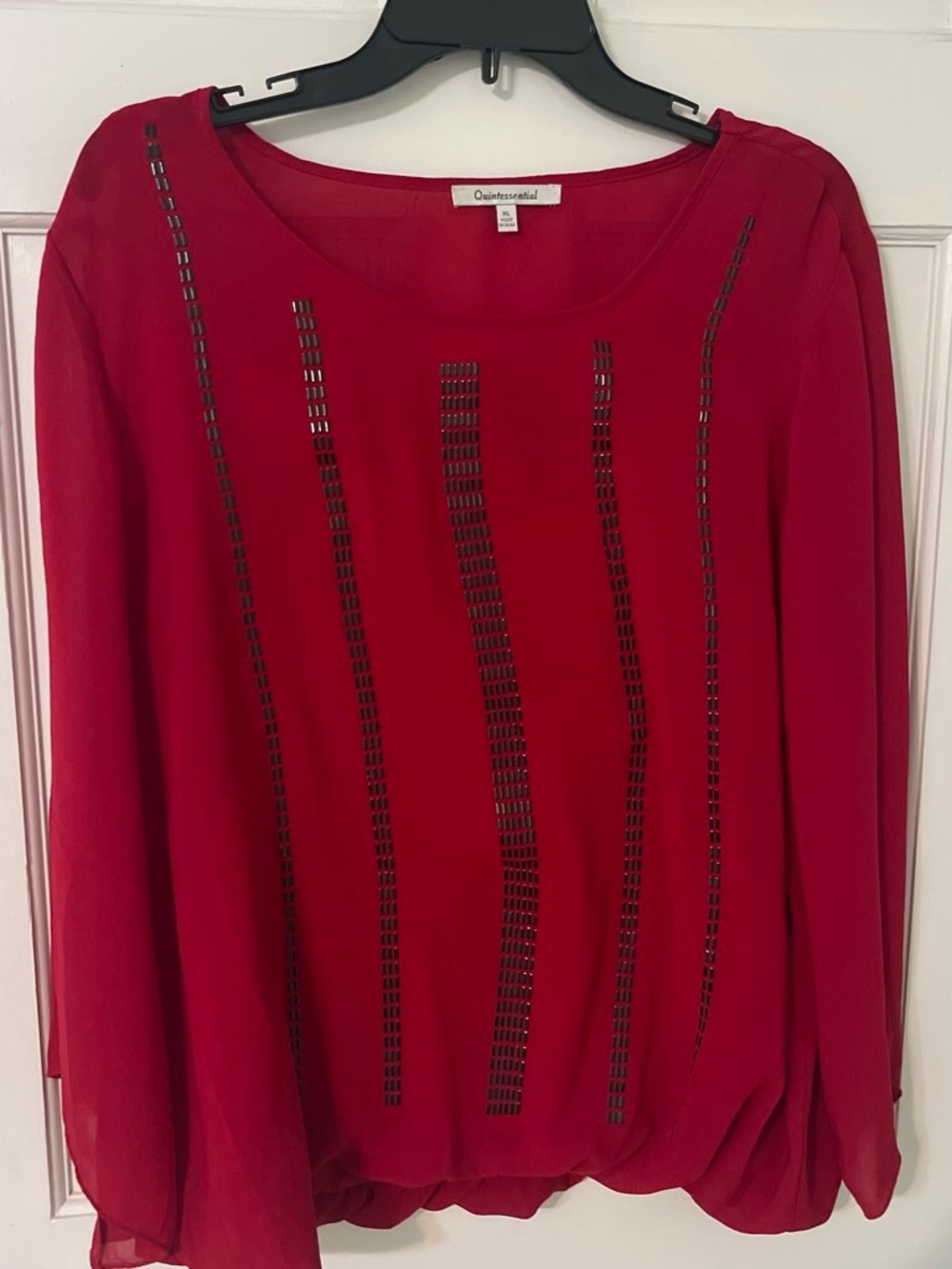 Red Sequin Long Sleeve Blouse With Tank Top Sewn Inside. Elastic band on bottom